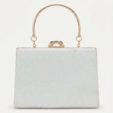 White glitter box clutch with gold top handle, front view