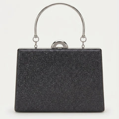 Black glitter box clutch with silver top handle, front view