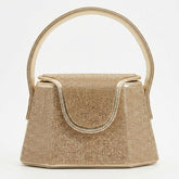 Gold rhinestone mini bag with rounded ring handle, front view