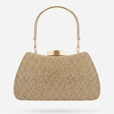 Gold rhinestone frame clutch with arched top handle, front view