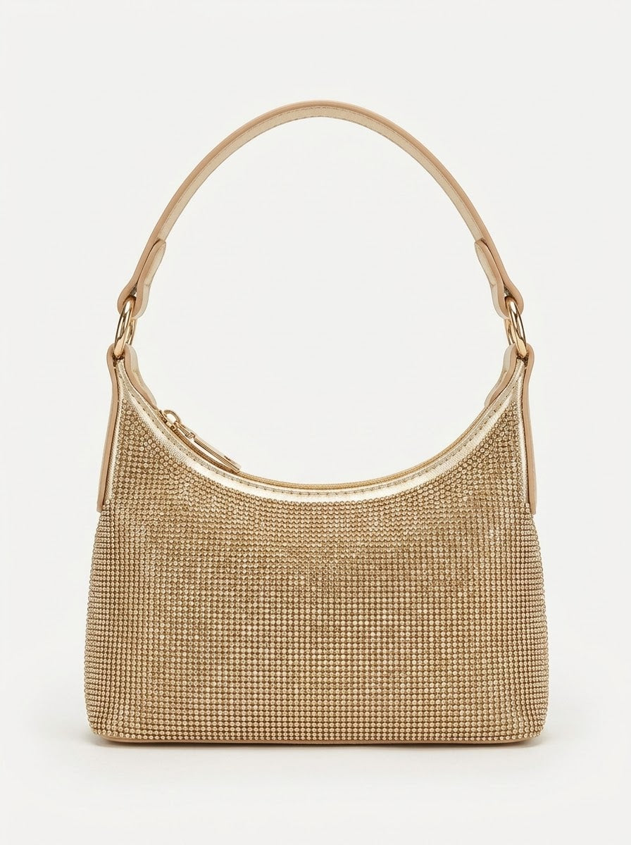 Gold rhinestone baguette shoulder bag, front view with short strap