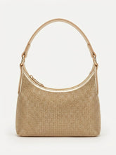Gold rhinestone baguette shoulder bag, front view with short strap