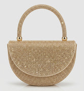 Gold rhinestone half moon bag with crystal top handle, front view