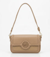 Tan monogram flap shoulder bag, front view with adjustable strap
