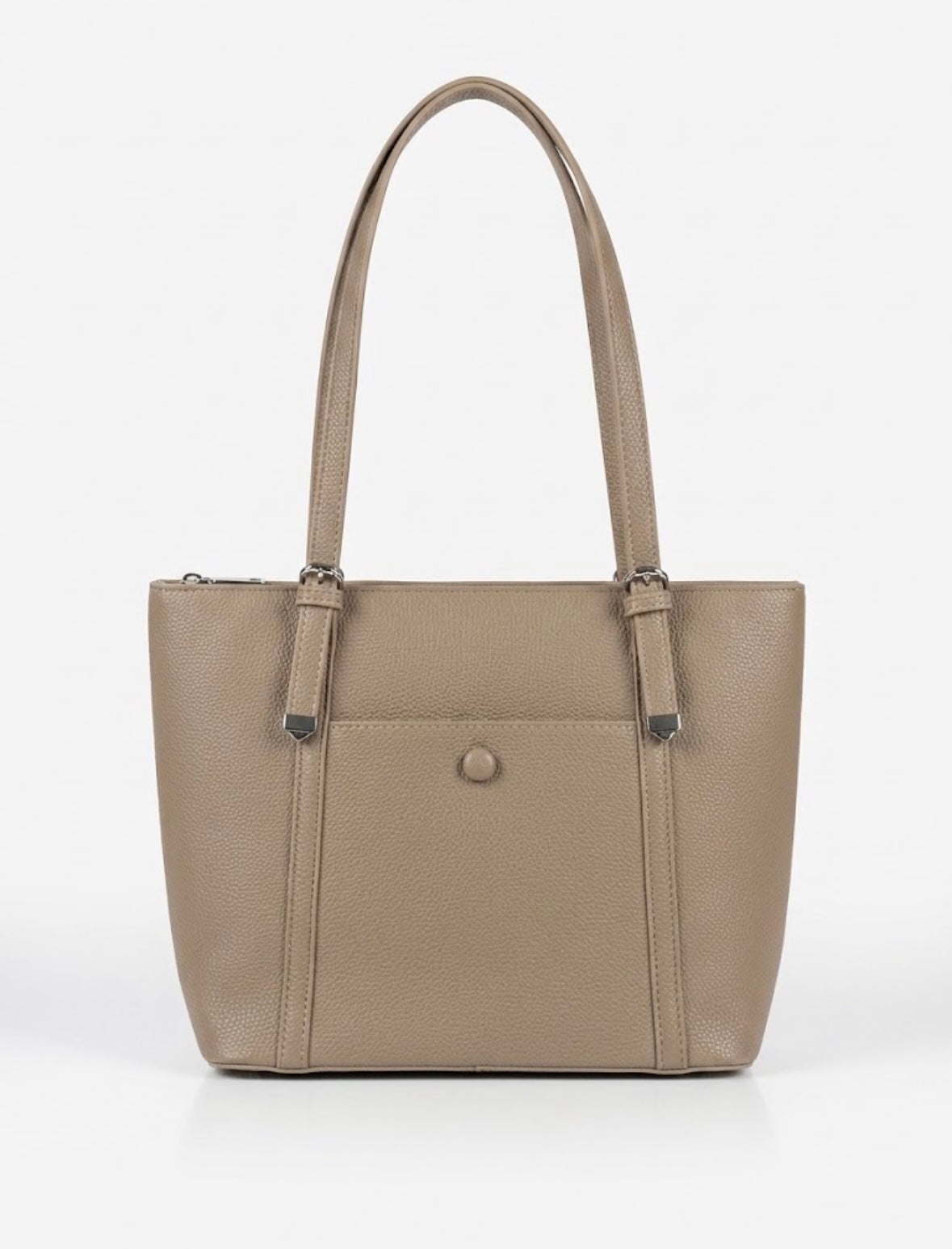 Taupe structured shoulder tote bag with front stud pocket, front view