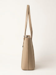 Side profile of taupe structured shoulder tote