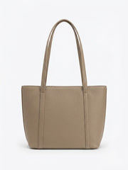 Taupe pebbled leather tote shown straight on with shoulder straps