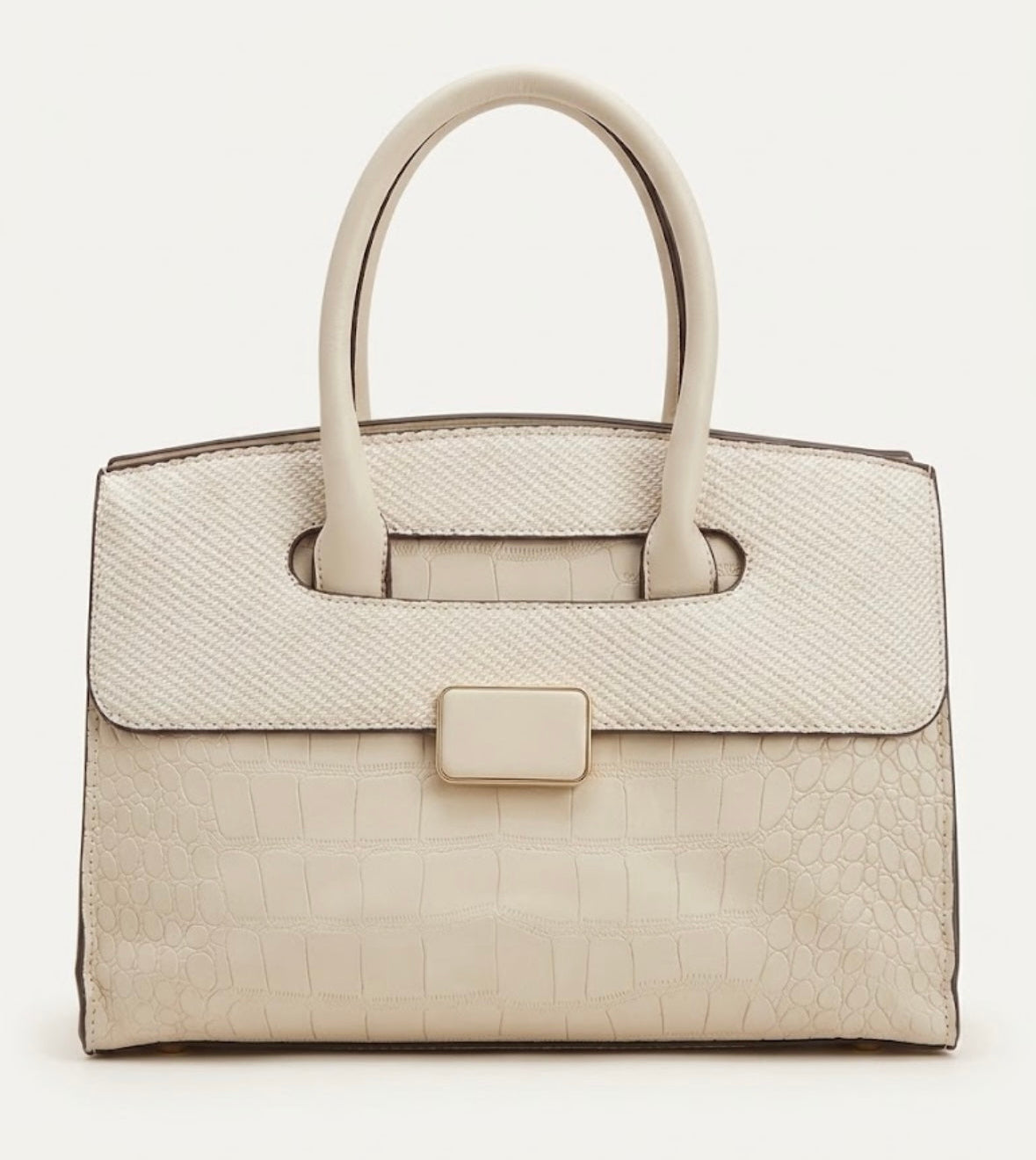 Cream croc embossed structured satchel bag, front view with gold clasp