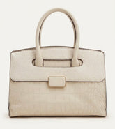 Cream croc embossed structured satchel bag, front view with gold clasp