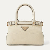 Cream woven texture doctor bag with buckle straps, front view