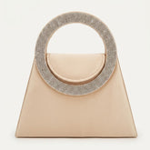 Nude satin trapeze evening bag with crystal ring handle, front view
