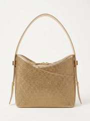 Gold rhinestone curved shoulder bag with adjustable straps, front view