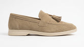 Camel suede tassel loafer, side view