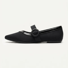 Black Mary Jane flat with a buckled instep strap, side view