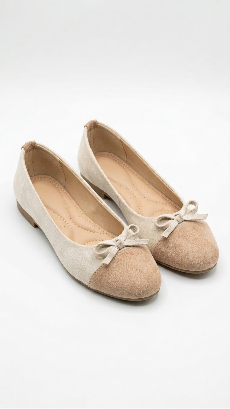 Cream suede ballet flats with tan cap toe, pair