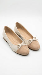 Cream suede ballet flats with tan cap toe, pair