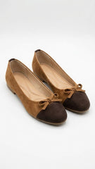 Camel suede ballet flats with brown cap toe, pair