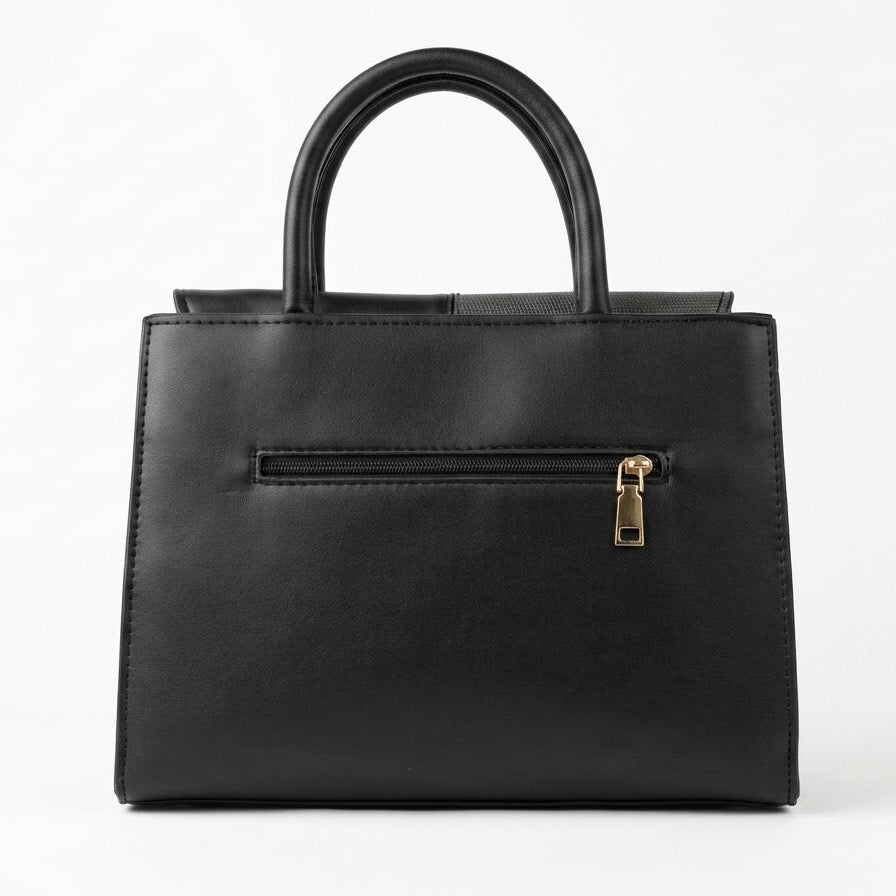 Back view of black structured satchel bag with zip pocket