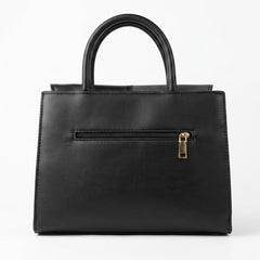 Back view of black structured satchel bag with zip pocket