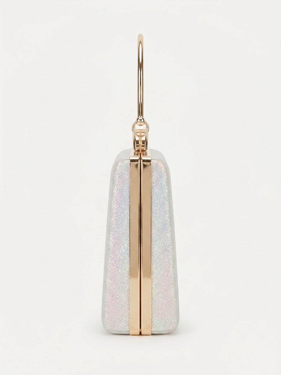 Side profile of glitter box clutch showing slim gold frame