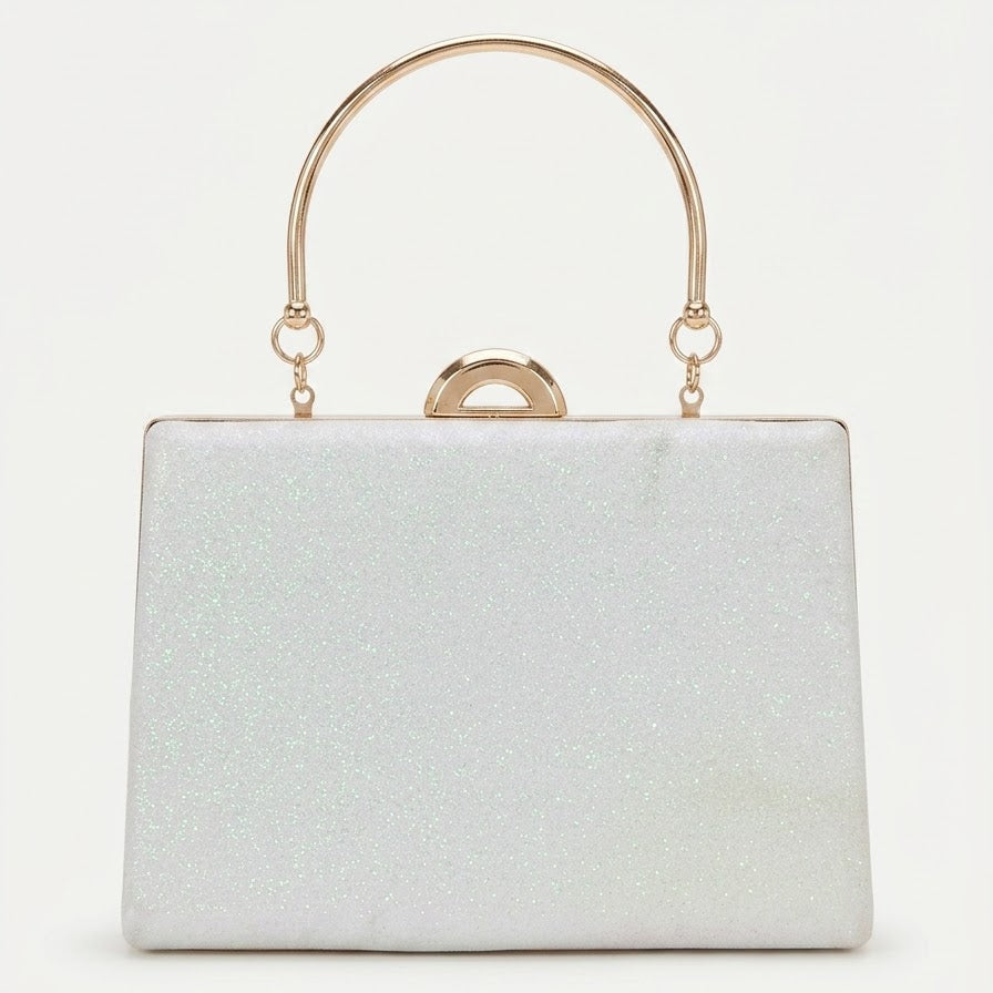 White glitter box clutch with gold top handle, front view