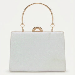 White glitter box clutch with gold top handle, front view