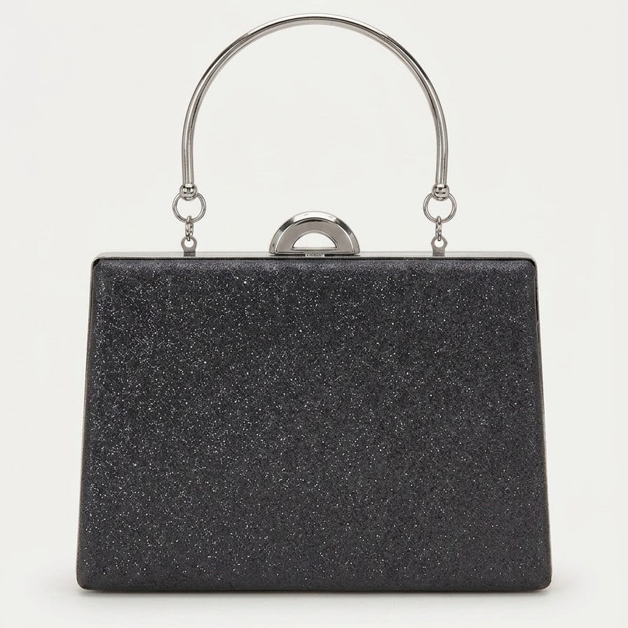 Black glitter box clutch with silver top handle, front view