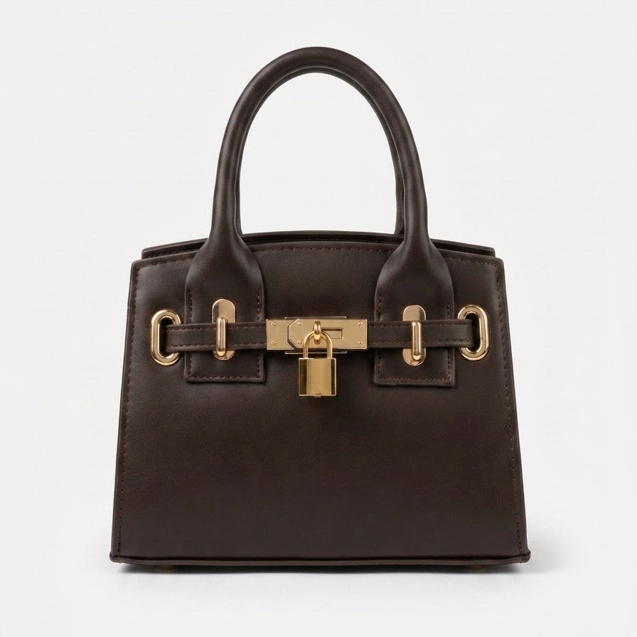 Dark brown mini top handle bag with gold padlock, front view