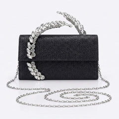 Black glitter evening clutch with crystal leaf handle and silver chain