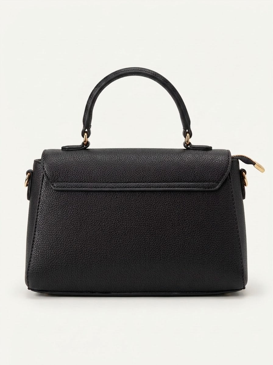 Back view of black top handle flap bag