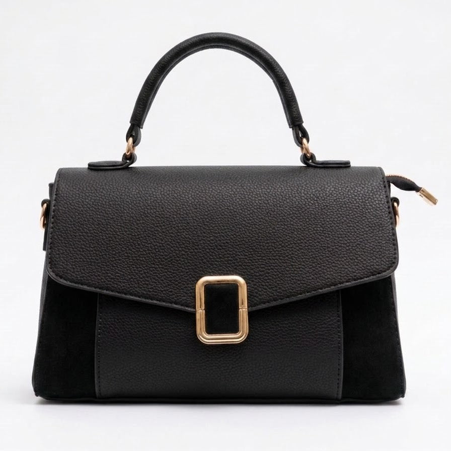Black suede and leather top handle flap bag, front view with gold buckle