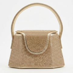 Gold rhinestone mini bag with rounded ring handle, front view