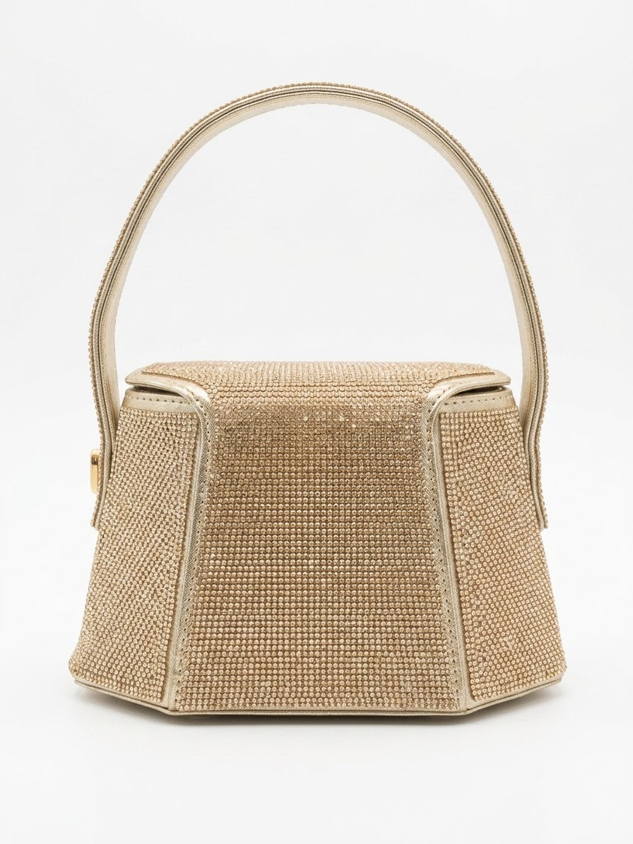 Gold rhinestone mini bag shown straight on with handle upright