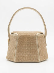 Gold rhinestone mini bag shown straight on with handle upright