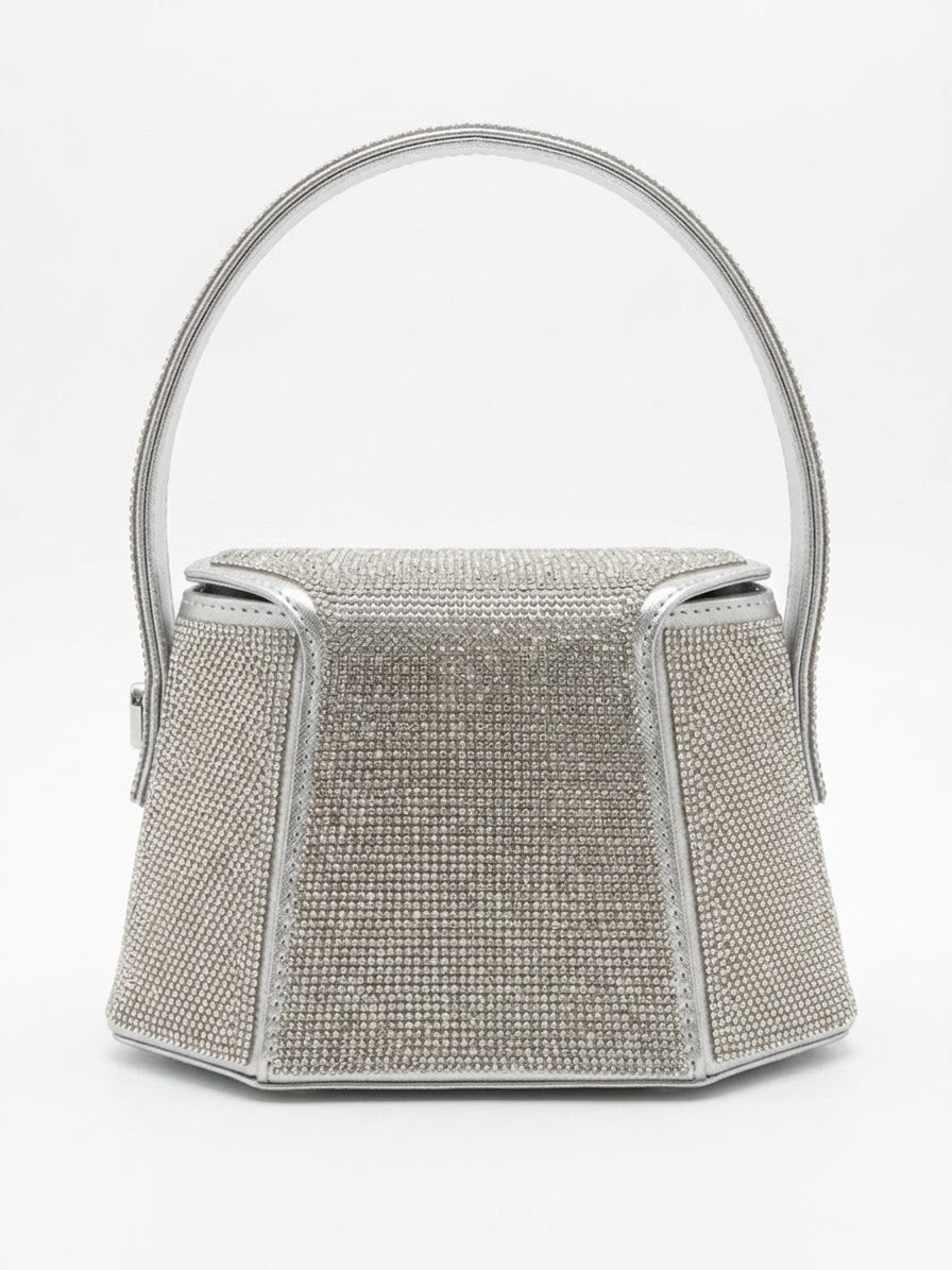 Silver rhinestone mini bag with rounded ring handle, front view