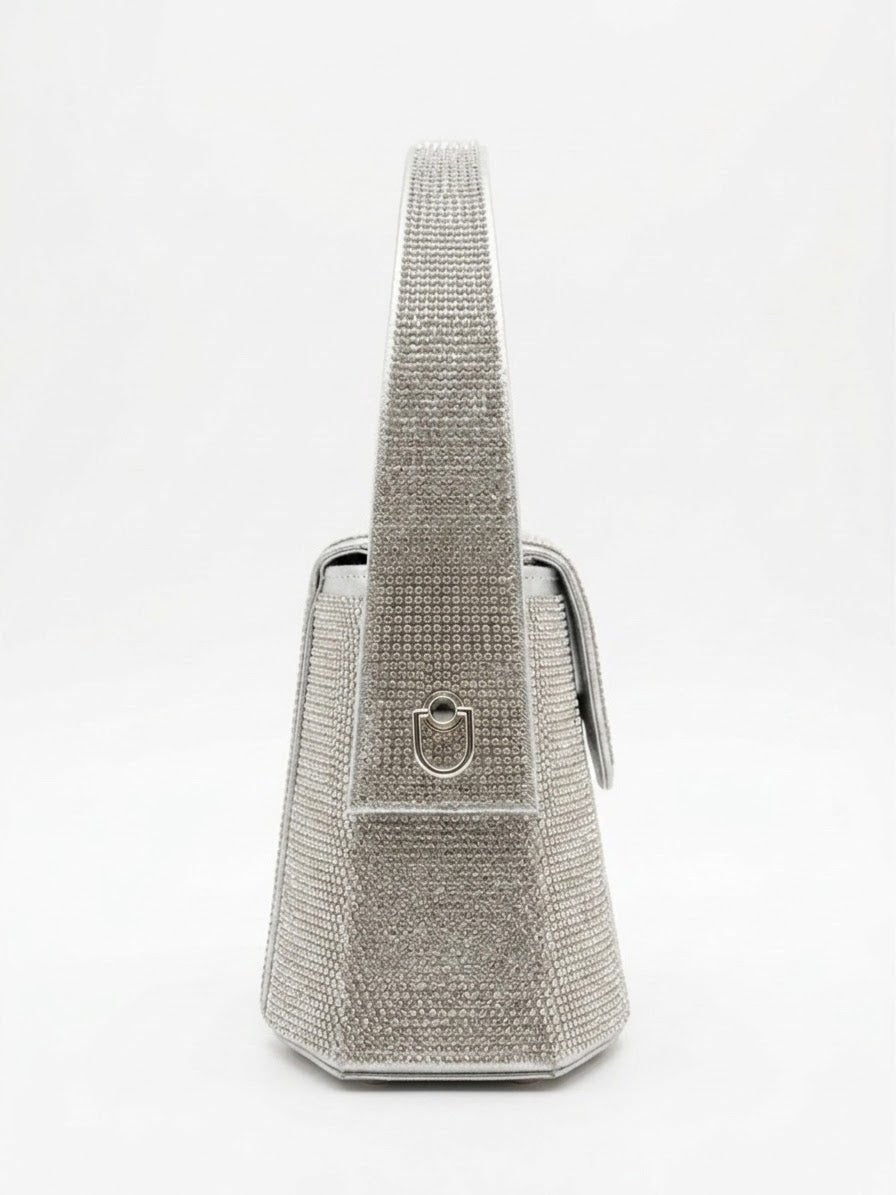 Side profile of silver rhinestone mini bag