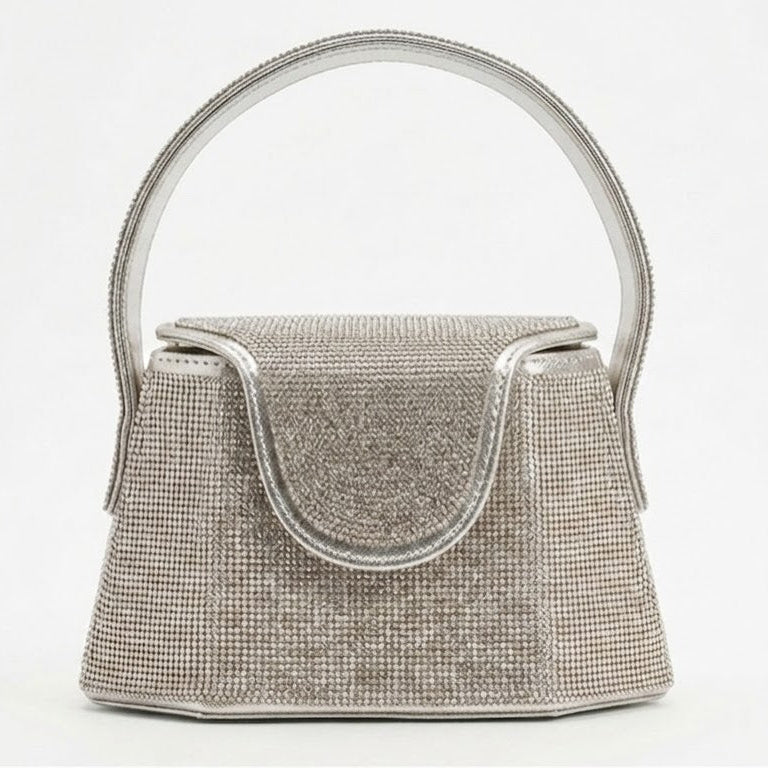 Silver rhinestone mini bag shown at an angle