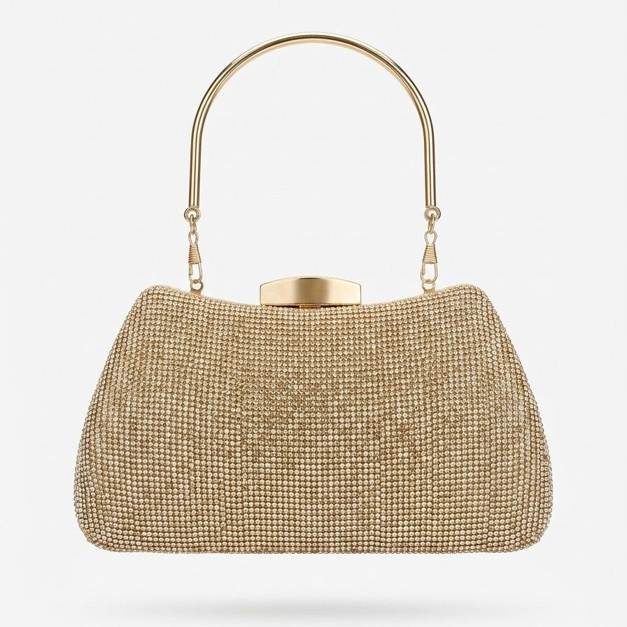 Gold rhinestone frame clutch with arched top handle, front view