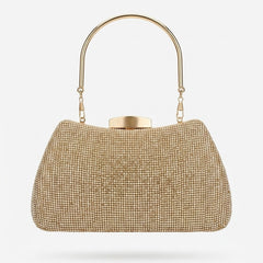 Gold rhinestone frame clutch with arched top handle, front view