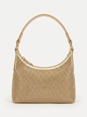 Gold rhinestone baguette shoulder bag, front view with short strap