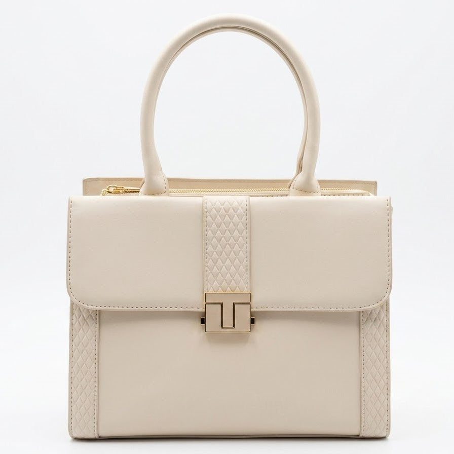 Cream structured satchel bag with gold T-bar clasp, front view