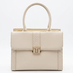 Cream structured satchel bag with gold T-bar clasp, front view