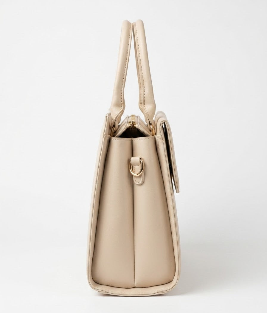 Side profile of cream structured satchel bag