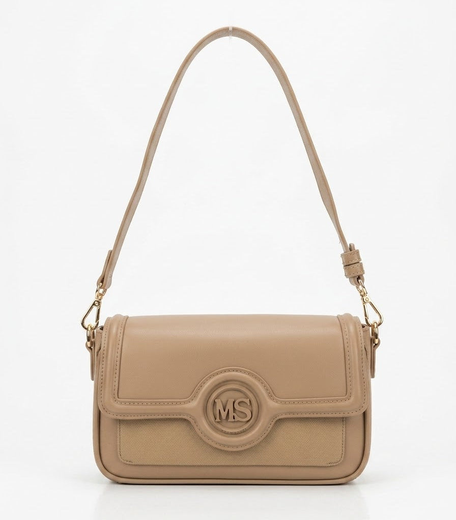 Tan monogram flap shoulder bag, front view with adjustable strap