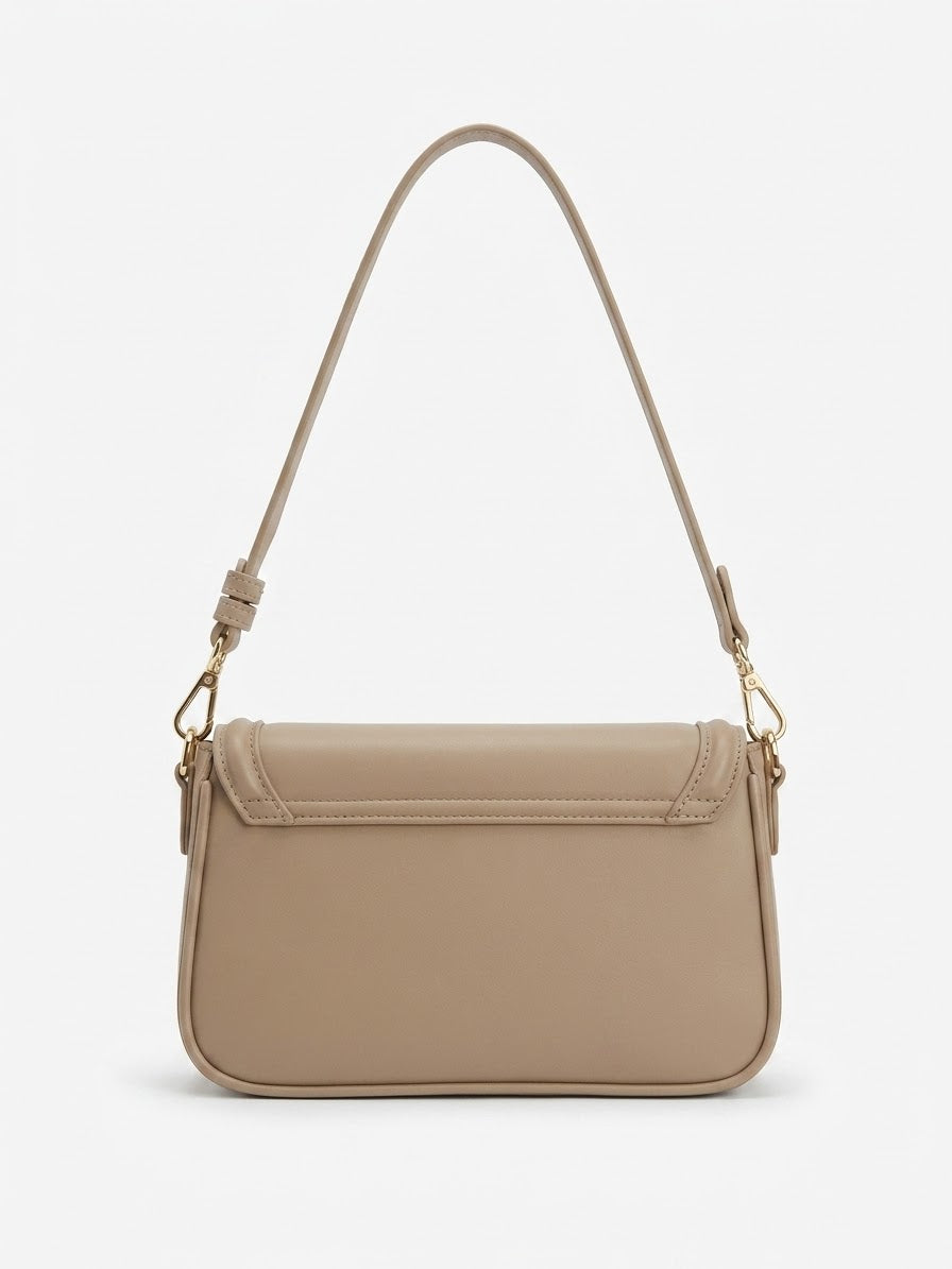 Back view of tan flap shoulder bag