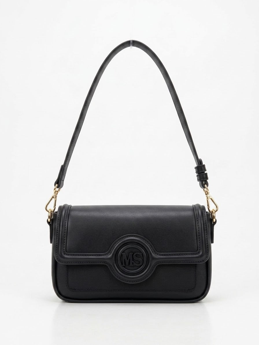 Black monogram flap shoulder bag, front view with adjustable strap