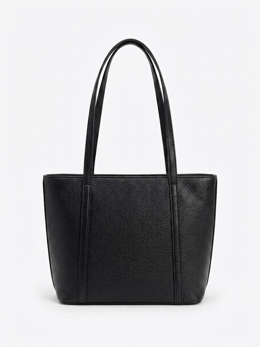 Back view of black pebbled leather shoulder tote
