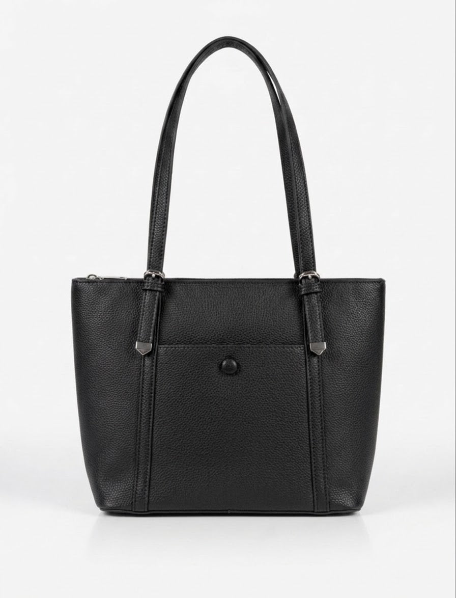Black structured shoulder tote bag with front stud pocket, front view