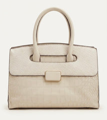 Cream croc embossed structured satchel bag, front view with gold clasp