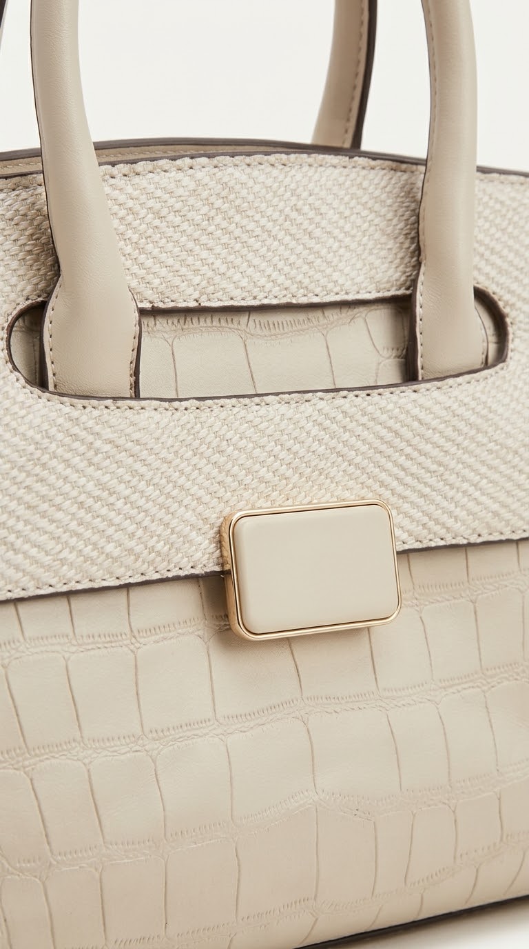 Close-up of cream satchel showing croc and snake embossed texture